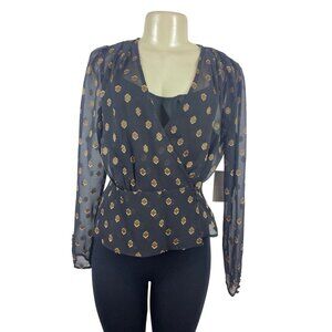 Chelsea- 28 Women Black & Gold Wrap Blouse With Geometric Print Button Sz S- New